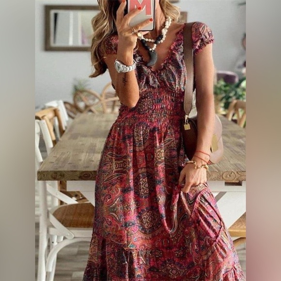 Full Size Paisley Print Cap Sleeve Maxi Dress Plus Size - Picture 3 of 3